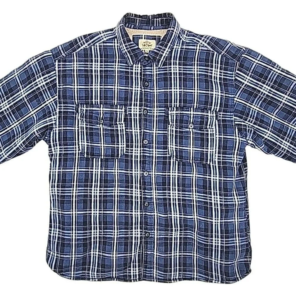 Levi's Flannel Shirt Jacket Blue Plaid Sherpa Lined Men Sz XL Button Pocket